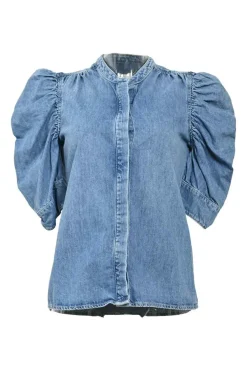 Washed indigo cotton denim ruched sleeve band collar blouse with concealed front fastening