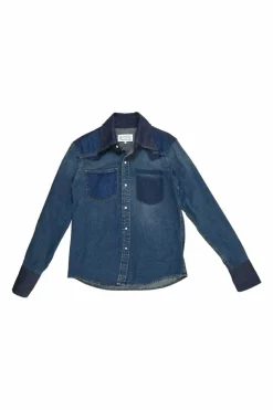 Washed indigo cotton denim classic collar snap-front Western shirt