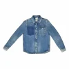 Washed indigo cotton denim button-front Western shirt jacket featuring Rockstud patch pocket appliqué