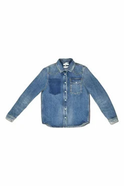 Washed indigo cotton denim button-front Western shirt jacket featuring Rockstud patch pocket appliqué