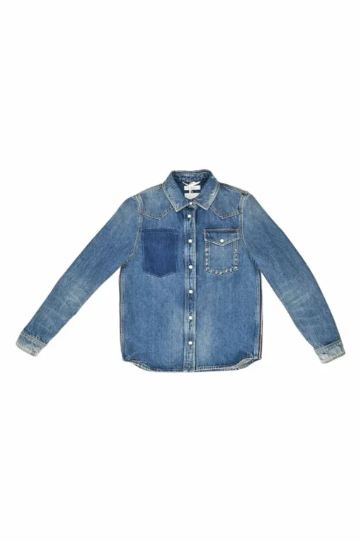 Washed indigo cotton denim button-front Western shirt jacket featuring Rockstud patch pocket appliqué