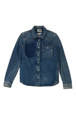 Washed indigo cotton denim Western-style button-up overshirt jacket with Rockstud chest patch pocket