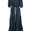 Washed indigo cotton denim off-shoulder balloon sleeve maxi dress with drawstring waist and tiered skirt
