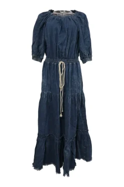 Washed indigo cotton denim off-shoulder balloon sleeve maxi dress with drawstring waist and tiered skirt