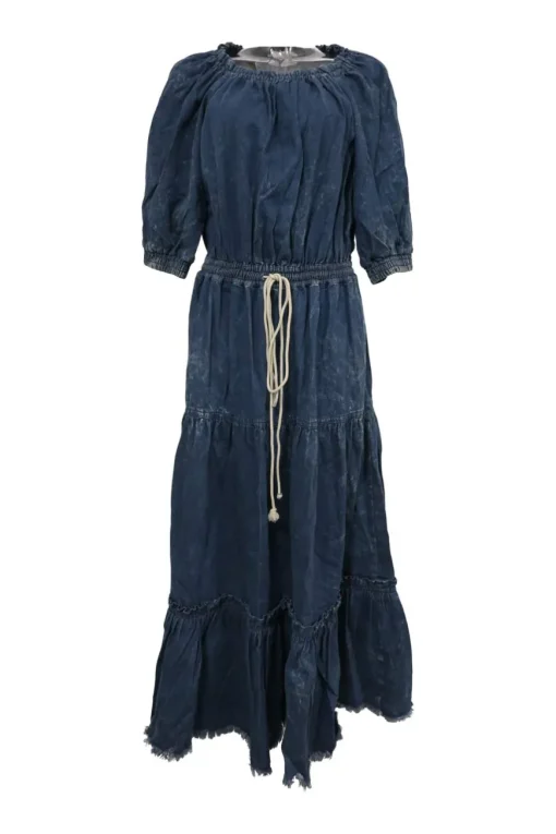 Washed indigo cotton denim off-shoulder balloon sleeve maxi dress with drawstring waist and tiered skirt