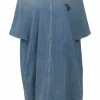 Washed indigo cotton denim oversized dolman sleeve T-Shirt dress
