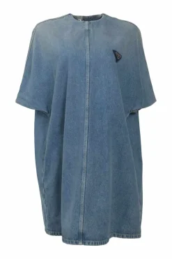 Washed indigo cotton denim oversized dolman sleeve T-Shirt dress