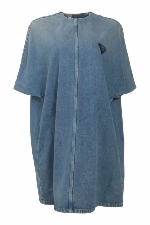 Washed indigo cotton denim oversized dolman sleeve T-Shirt dress