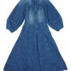 Washed indigo cotton denim zip-front balloon-sleeve A-line midi dress with snap tab collar
