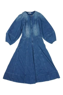 Washed indigo cotton denim zip-front balloon-sleeve A-line midi dress with snap tab collar