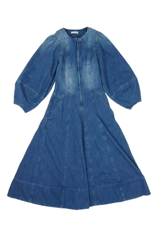 Washed indigo cotton denim zip-front balloon-sleeve A-line midi dress with snap tab collar
