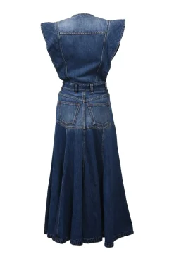 Washed indigo cotton denim flutter sleeve drop-waist godet midi dress