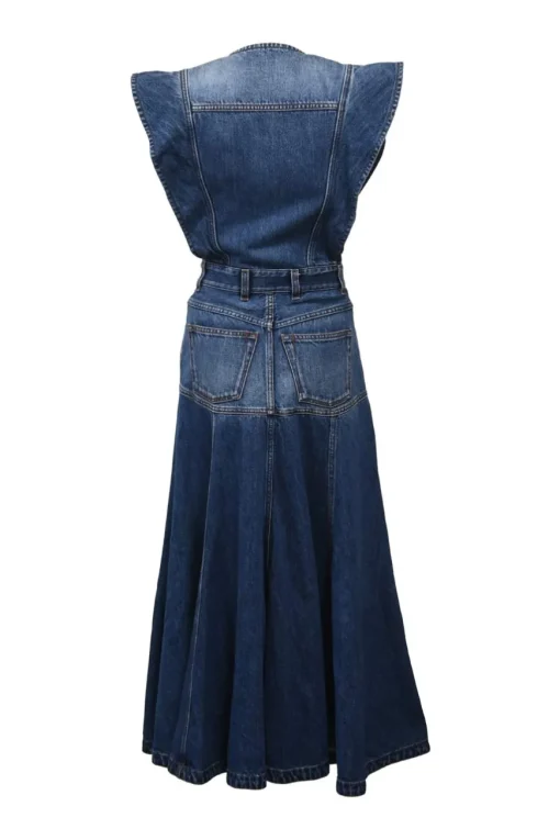 Washed indigo cotton denim flutter sleeve drop-waist godet midi dress