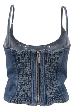 Washed indigo cotton denim bustier crop top with fixed spaghetti straps