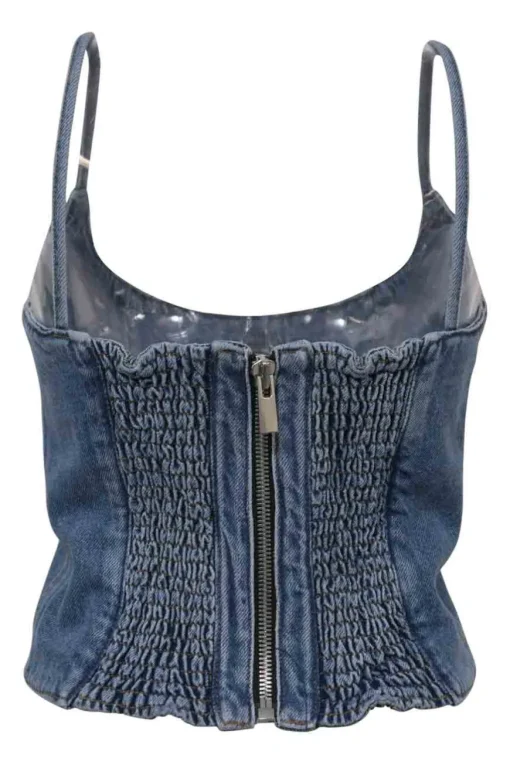 Washed indigo cotton denim bustier crop top with fixed spaghetti straps