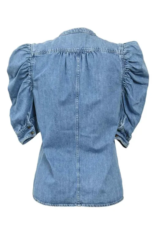 Washed indigo cotton denim ruched sleeve band collar blouse with concealed front fastening