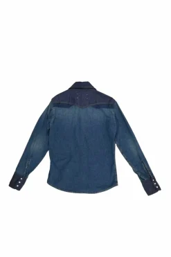 Washed indigo cotton denim classic collar snap-front Western shirt