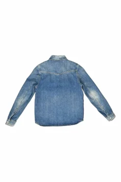 Washed indigo cotton denim button-front Western shirt jacket featuring Rockstud patch pocket appliqué
