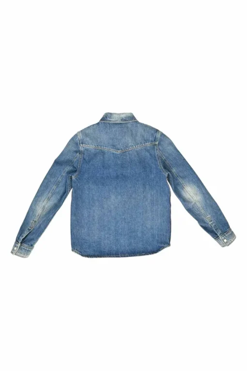 Washed indigo cotton denim button-front Western shirt jacket featuring Rockstud patch pocket appliqué