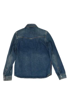 Washed indigo cotton denim Western-style button-up overshirt jacket with Rockstud chest patch pocket