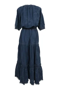 Washed indigo cotton denim off-shoulder balloon sleeve maxi dress with drawstring waist and tiered skirt