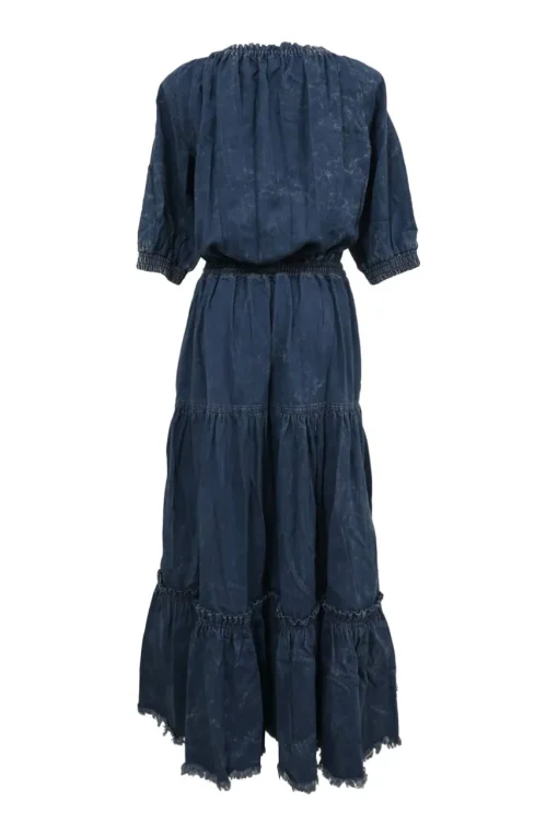 Washed indigo cotton denim off-shoulder balloon sleeve maxi dress with drawstring waist and tiered skirt