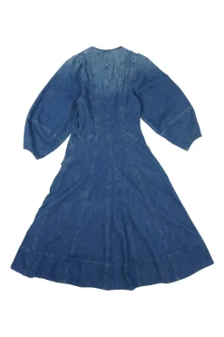 Washed indigo cotton denim zip-front balloon-sleeve A-line midi dress with snap tab collar