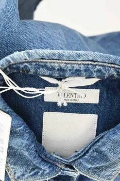 Washed indigo cotton denim button-front Western shirt jacket featuring Rockstud patch pocket appliqué