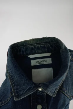 Washed indigo cotton denim Western-style button-up overshirt jacket with Rockstud chest patch pocket