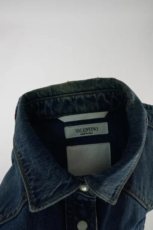 Washed indigo cotton denim Western-style button-up overshirt jacket with Rockstud chest patch pocket