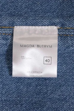 Washed indigo cotton denim bustier crop top with fixed spaghetti straps