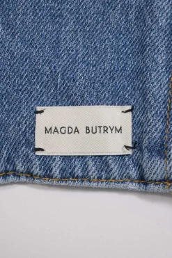 Washed indigo cotton denim bustier crop top with fixed spaghetti straps