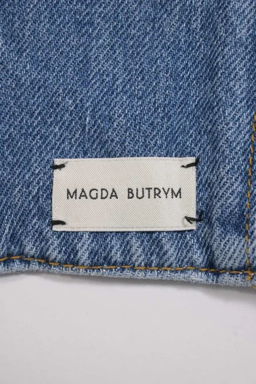 Washed indigo cotton denim bustier crop top with fixed spaghetti straps