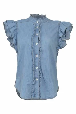 Washed indigo cotton-blend chambray ruffled high-collar button-front cap sleeve blouse