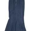 Washed indigo cotton-blend denim pull-on high-rise godet skirt