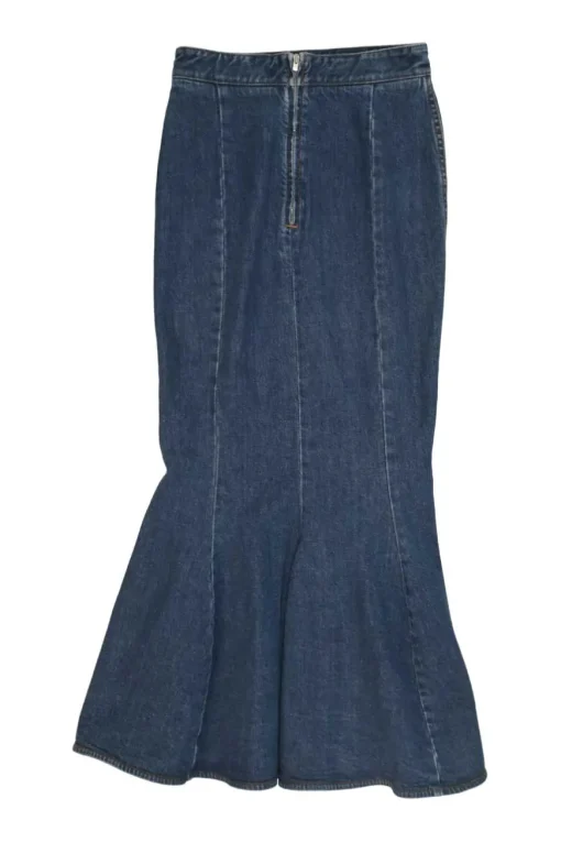 Washed indigo cotton-blend denim pull-on high-rise godet skirt
