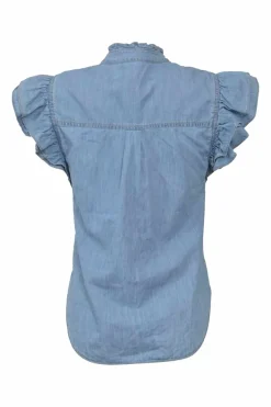 Washed indigo cotton-blend chambray ruffled high-collar button-front cap sleeve blouse