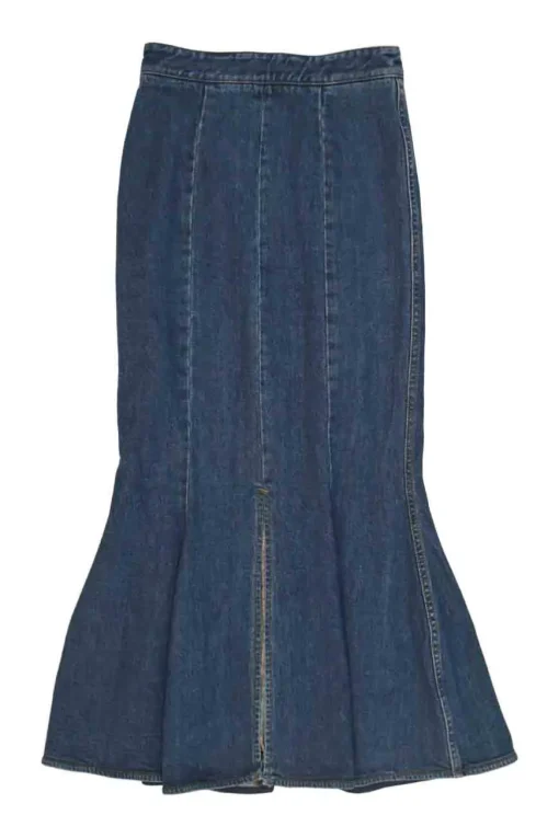 Washed indigo cotton-blend denim pull-on high-rise godet skirt