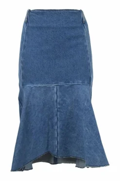 Washed indigo denim pull-on godet skirt with belt loop waistband