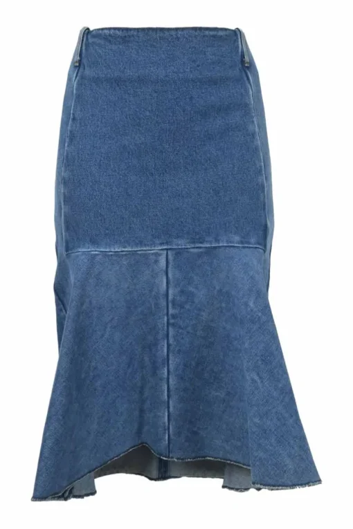 Washed indigo denim pull-on godet skirt with belt loop waistband
