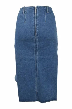 Washed indigo denim pull-on godet skirt with belt loop waistband