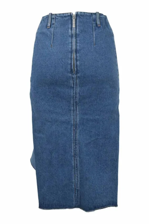 Washed indigo denim pull-on godet skirt with belt loop waistband