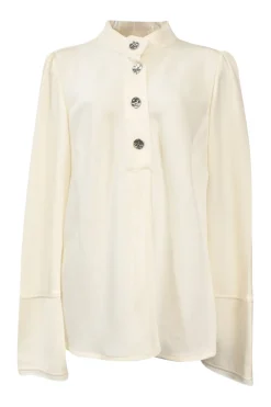 White acetate-blend hammered satin band collar half-button blouse with silver-tone textured buttons