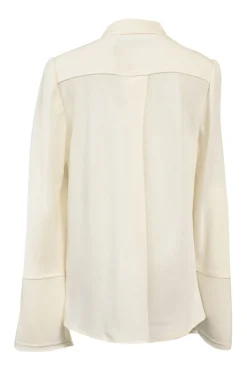 White acetate-blend hammered satin band collar half-button blouse with silver-tone textured buttons
