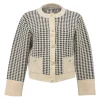 White and black technical houndstooth cotton-blend knit cardigan with CD resin pearl buttons