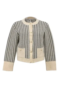 White and black technical houndstooth cotton-blend knit cardigan with CD resin pearl buttons