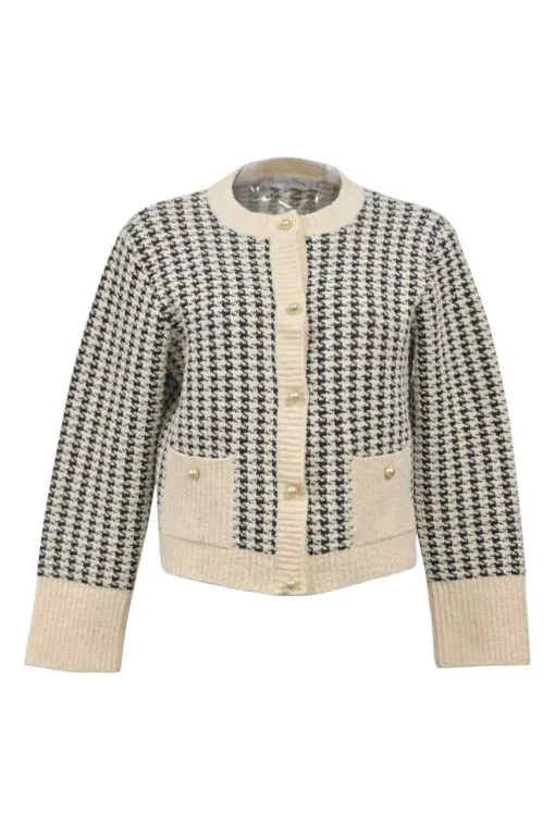 White and black technical houndstooth cotton-blend knit cardigan with CD resin pearl buttons