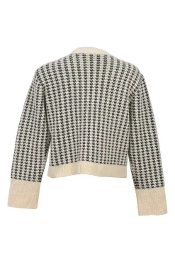 White and black technical houndstooth cotton-blend knit cardigan with CD resin pearl buttons