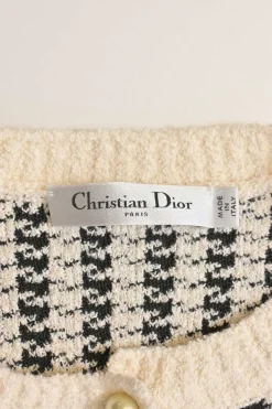 White and black technical houndstooth cotton-blend knit cardigan with CD resin pearl buttons