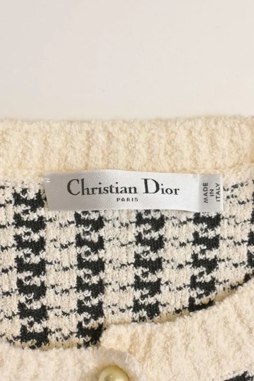 White and black technical houndstooth cotton-blend knit cardigan with CD resin pearl buttons
